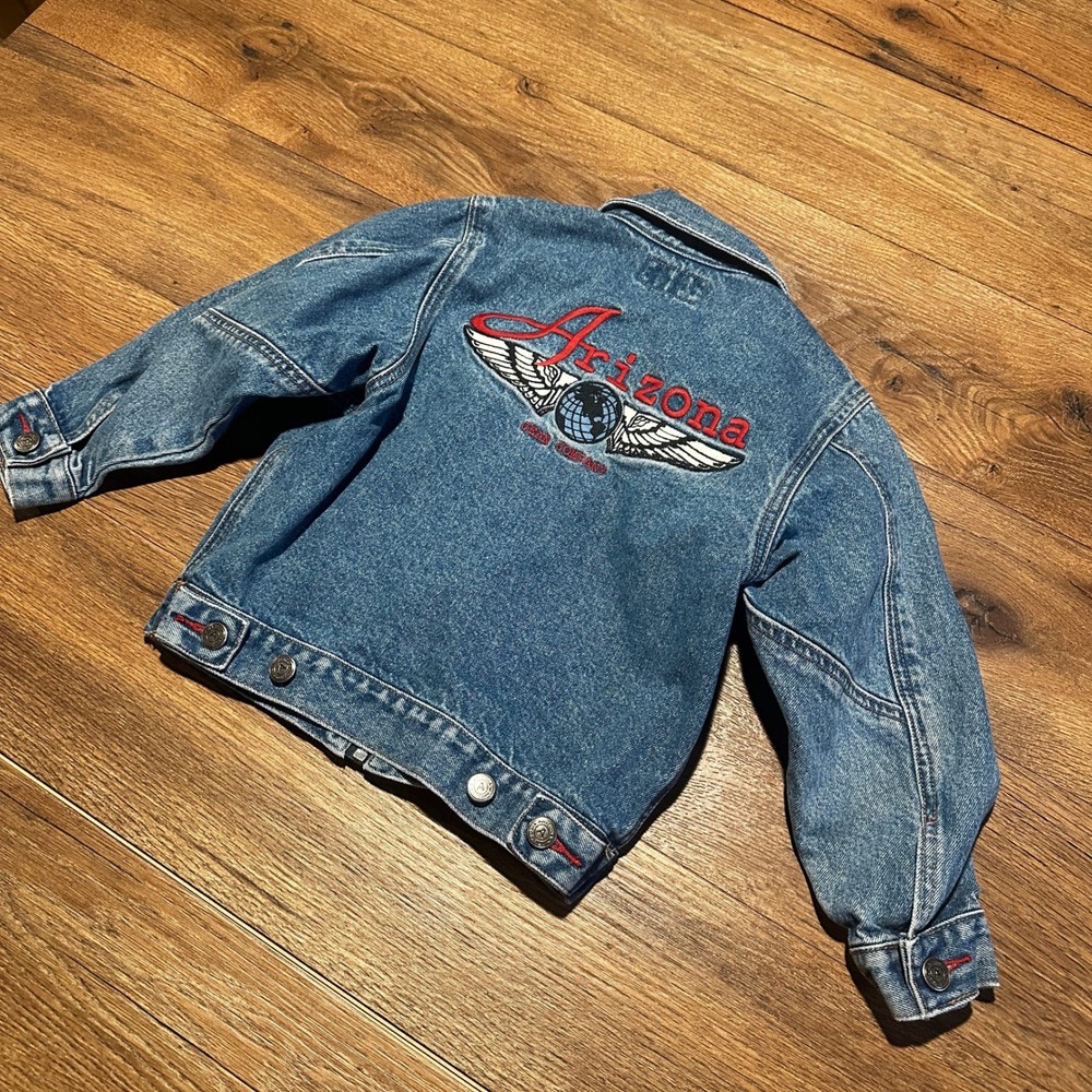 Vintage Arizona Jean Company Blue Denim Jacket Kids Size 6 Back Graphic Zip Up